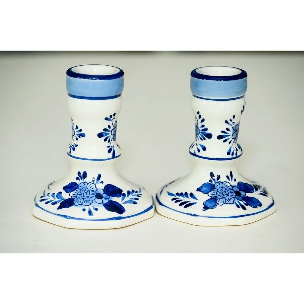 Holland Hand Painted Candle Stick Holders candlestick White Blue Floral